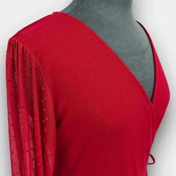 MAURICES ladies v-neck ribbed long sheer sleeve‎ large wrap blouse red - Picture 5 of 12